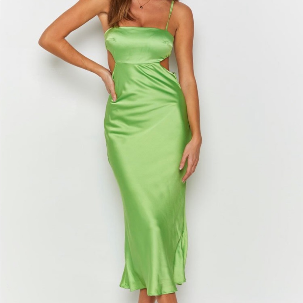 green silk midi dress